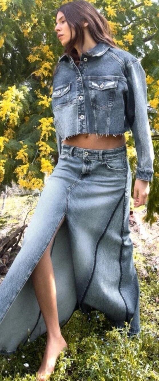 ZARA Patchwork Denim Maxi Skirt XS Western Cowgirl Back Front Slit Rodeo